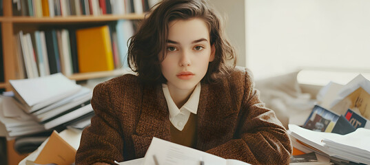 A writer surrounded by books and papers, plain light background, intense focus
