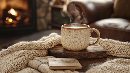 Nestled among soft, creamy blankets, a steaming mug sits on a rustic wooden board, inviting warmth and comfort. The gentle glow of a nearby fireplace enhances the cozy atmosphere