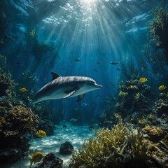 Fototapeta premium A dolphin in an underwater forest filled with glowing plants.