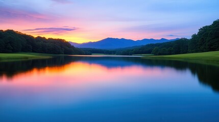 Run-down landscapes in a national park Serene lake reflecting a colorful sunset and distant mountains.