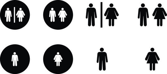 Male and female bathroom or restroom sign flat and line icon set. Toilet symbol black vector collection isolated on transparent background. Girls and boys restrooms sign wc, lavatory for app and web.