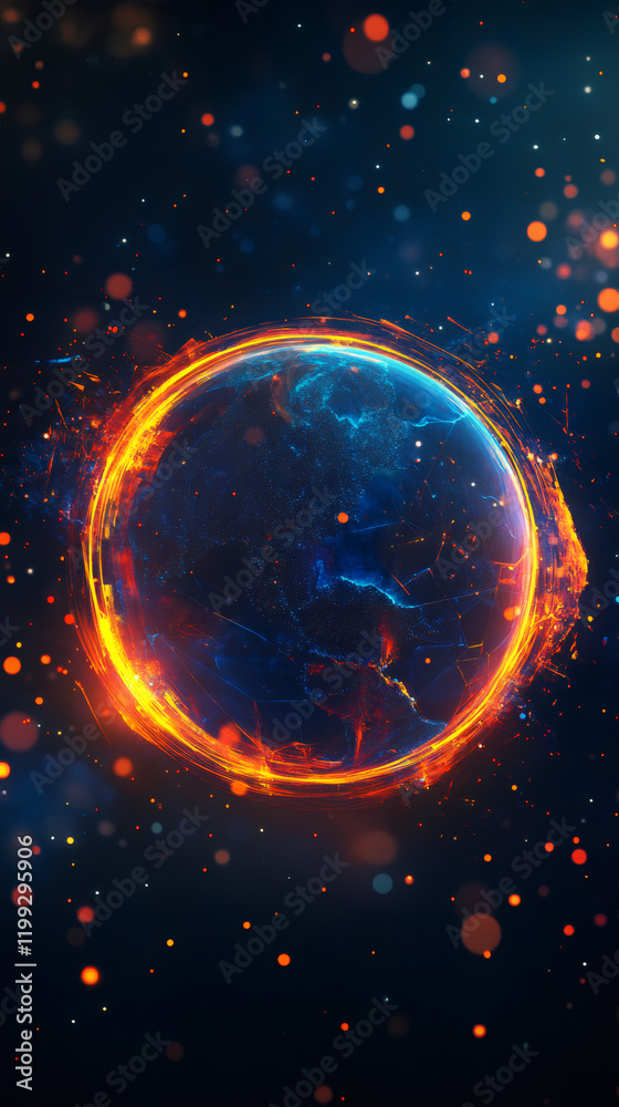 Fototapete digital planet earth is rotating surrounded by a ring of fire and particles in a dark space, ideal f