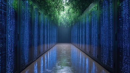 Futuristic server room with glowing blue data servers and green foliage