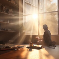 A person meditating by a large window with sunlight streaming in, Generative Ai