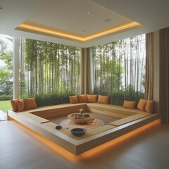 Fototapeta premium Modern Zen Living Room Design with Bamboo View