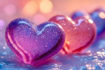 Obraz premium Shiny translucent 3d hearts with shimmering glitter lie in a row diagonally on a dreamy pastel background. Valentine's Day