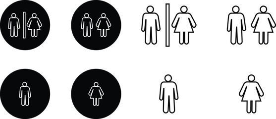 Male and female bathroom or restroom sign flat and line icon set. Toilet symbol black vector collection isolated on transparent background. Girls and boys restrooms sign wc, lavatory for app and web.