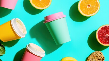 Vibrant Tea and Coffee Cups Surrounded by Fresh Citrus Fruits on a Bright Background