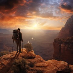 A hiker standing on a cliff edge at sunset, overlooking a vast canyon, Generative Ai