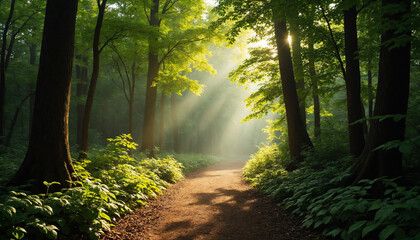Obraz premium Scenic forest pathway illuminated by sunlight rays filtering through the trees