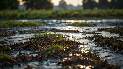 Fototapeta premium Water flowing through a grassy field after rain.