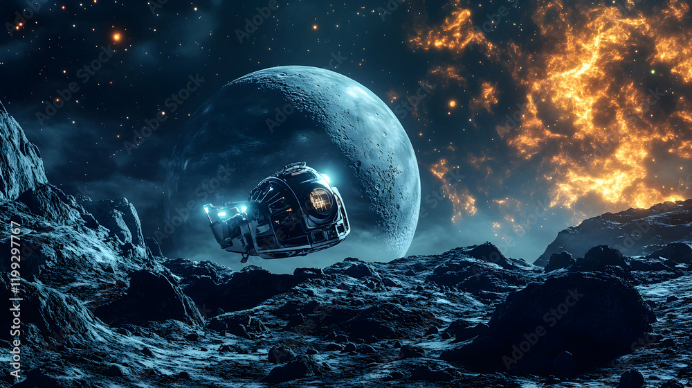Sticker 3d rendering of a spacecraft landing on a distant planet with rocky terrain and glowing atmospheric 