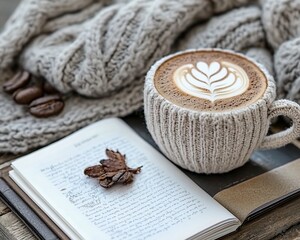 Fototapeta premium Cozy autumn scene with latte art, book, and knitted sweater.