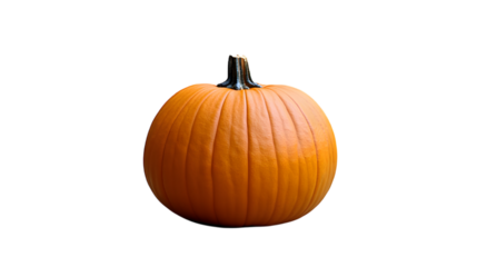 A bright orange pumpkin with smooth skin and a short green stem placed precisely in the center of a transparent background 
