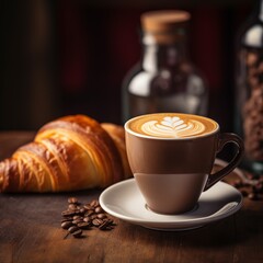 Close-up of latte art in a ceramic mug, with a hand-poured coffee setup and fresh croissant on a rustic table, Generative Ai