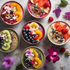 Vibrant smoothie bowls topped with fresh fruit, Generative Ai