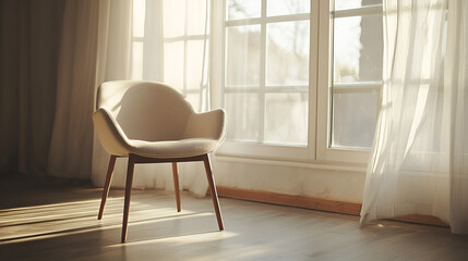 Fototapeta premium Sunlight streams through sheer curtains, illuminating a cozy armchair by a window. Peaceful and serene.