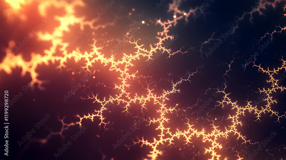 Poster abstract glowing fractal patterns representing energy fields in physics, sharp and detailed on a dar