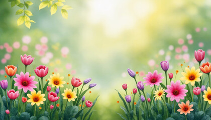 Fototapeta premium Vibrant flower garden with colorful tulips and daisies against a soft blurred background