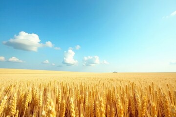 Golden Wheat Field Under a Summer Sky with Puffy Clouds and a Distant Horizon