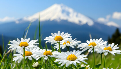 Vibrant daisies in full bloom against a majestic mountain backdrop. A picturesque scene of nature's beauty and serenity.