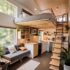 A modern tiny house interior with multifunctional furniture, Generative Ai