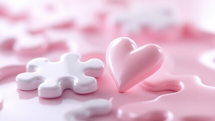 Fototapeta premium Soft pink heart and white puzzle pieces on smooth background
