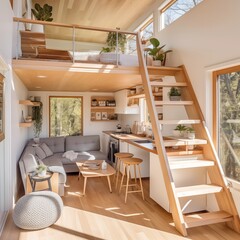 A modern tiny house interior with multifunctional furniture, a loft bed, Generative Ai