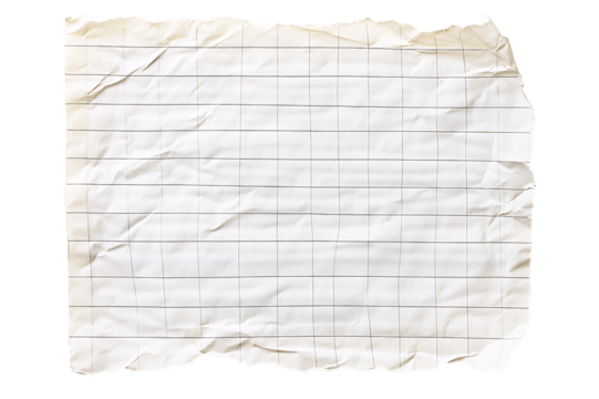 Crumpled lined paper sheet with grid lines, isolated on a transparent background