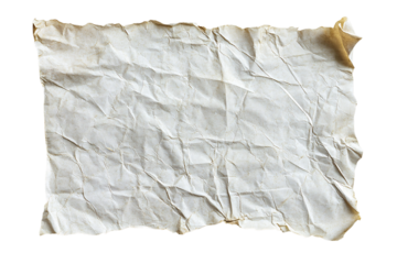 An old, crumpled piece of paper with ripped edges on a transparent background