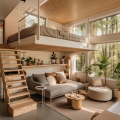 A modern tiny house interior with multifunctional furniture, a loft bed, and sustainable design elements, Generative Ai
