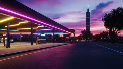 Fototapeta premium Vibrant City Sunset with Neon Gas Station