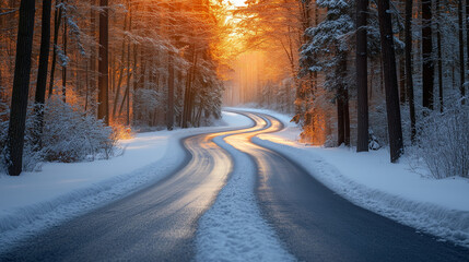Fototapeta premium Frozen road in winter forest with golden reflections of sunset and fallen autumn leaves on the snow. 