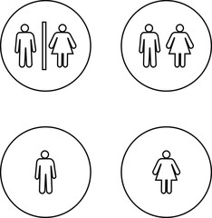 Male and female bathroom or restroom sign flat and line icon set. Toilet symbol black vector collection isolated on transparent background. Girls and boys restrooms sign wc, lavatory for app and web.