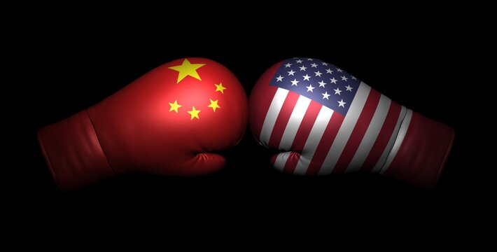 USA China conflict trade war fight flags on boxing gloves in high resolution for print and business isolated on black background