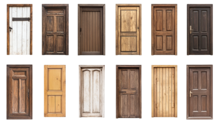 set of wooden doors isolated on white background.