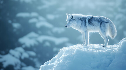 Obraz premium Arctic wolf standing on a snow-covered ridge under soft ambient lighting, sharp focus on its fur and the pristine icy landscape