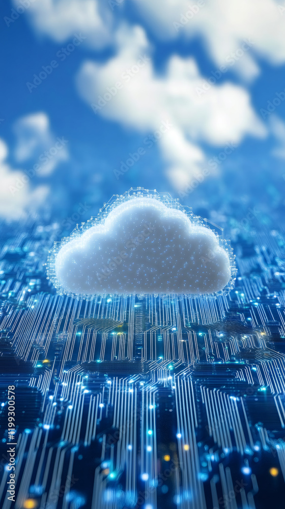 Fototapete cloud computing concept showing glowing cloud floating over circuit board with blue sky and white cl