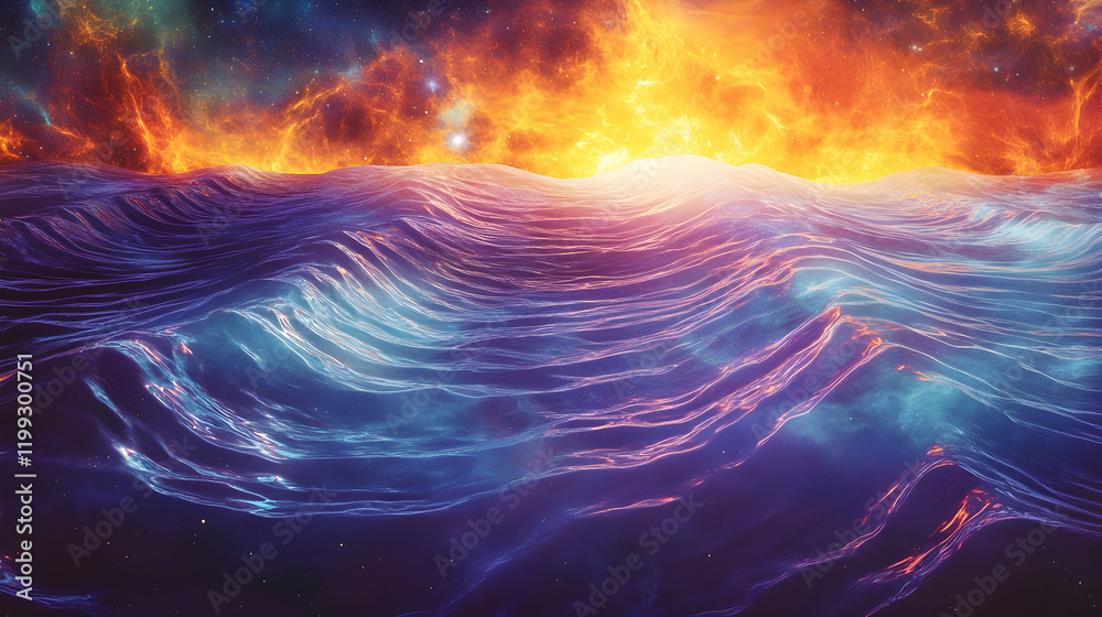 Wall mural artistic representation of energy waves in space with glowing ripples and sharp patterns, set in a v
