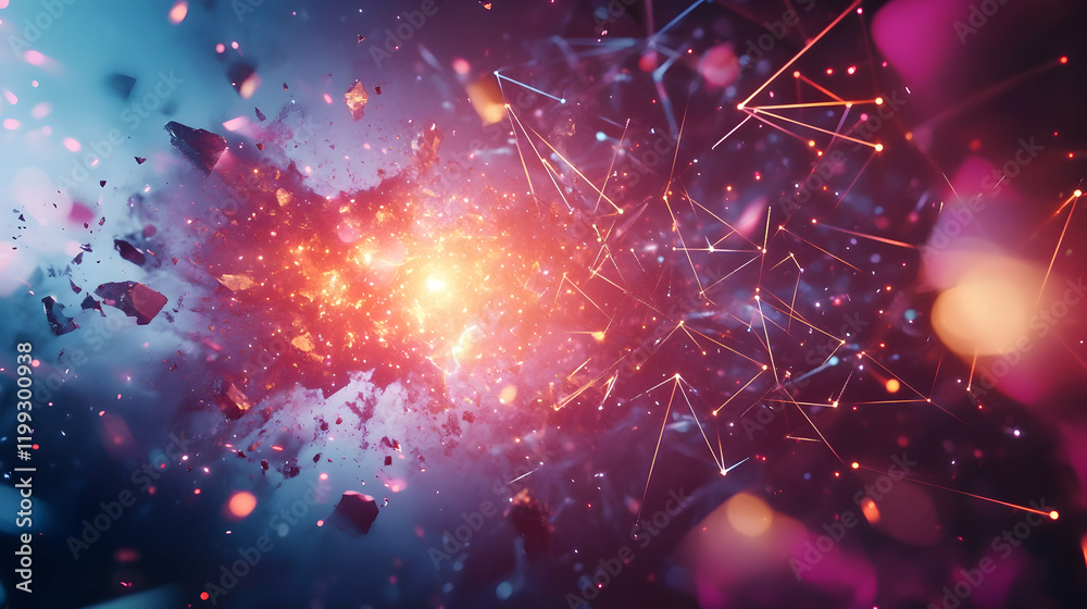 Wall mural artistic view of particle collisions with glowing energy bursts and sharp geometric patterns represe