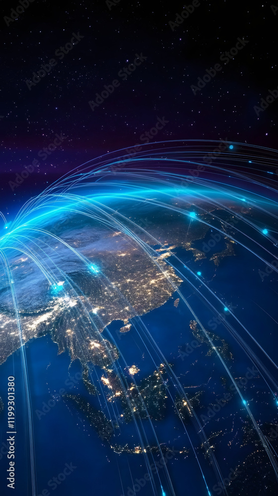 Aufkleber planet earth at night with luminous lines connecting asia, representing internet network, data excha