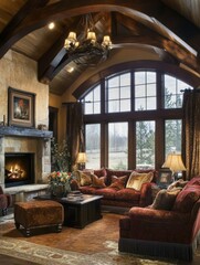 Luxurious Living Room With Fireplace And Large Window