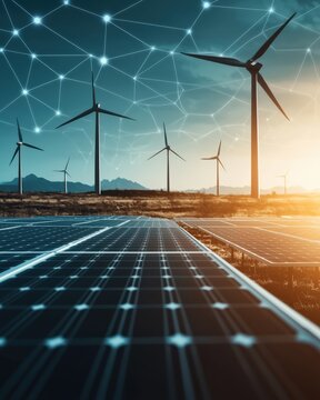 Renewable Energy Landscape Featuring Solar Panels and Wind Turbines Under Blue Sky with Digital Network Overlay