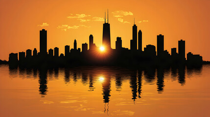 Stunning sunset silhouette of Chicago's iconic skyline reflected in calm waters.  Perfect for travel, urban, or architectural projects.