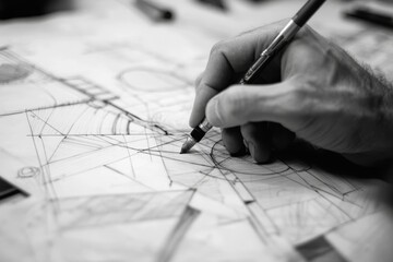 Graphic designer development process drawing sketch design creative Ideas draft Logo product trademark label brand artwork. Graphic designer studio Concept., Generative AI