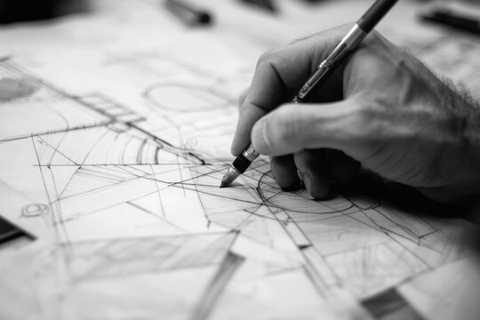 Graphic designer development process drawing sketch design creative Ideas draft Logo product trademark label brand artwork. Graphic designer studio Concept., Generative AI