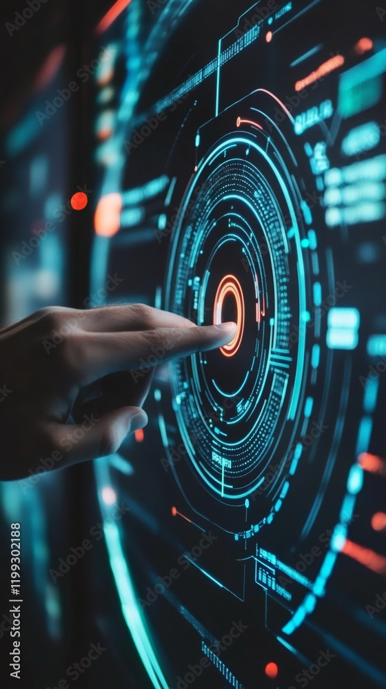 Aufkleber hand touching futuristic holographic interface activating digital button on transparent screen in da