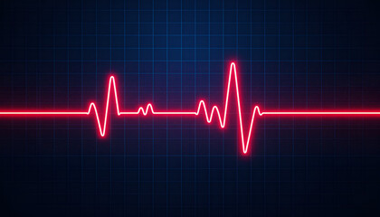heart beat cardiogram.
Glowing red neon heartbeat pulse rate line. Health and medical concept. EKG pulse wave. Dark blue background with a grid