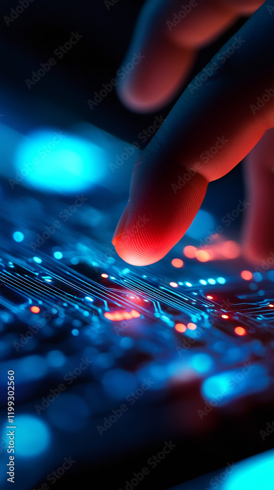 Aufkleber finger touching illuminated circuit board surface, representing digital connectivity and technologic