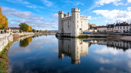 A picturesque castle reflected in a tranquil river under blue skies.